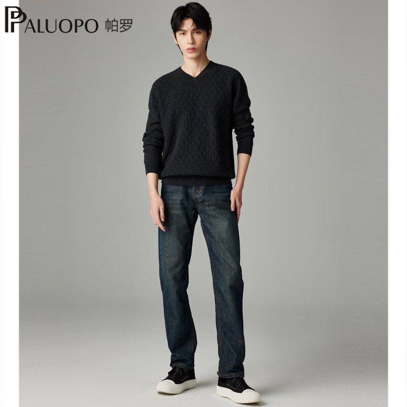 帕罗（PALUOPO）v领纯山羊绒衫男士菱格提花针织秋冬新款厚款保暖打底毛衣 深碳灰 XL 115