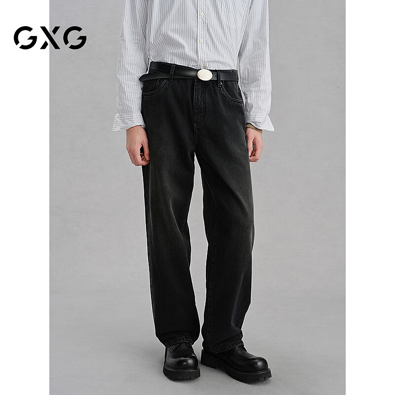 GXG男装  宽松直筒牛仔裤肌理通勤长裤 冬G24X0540 黑灰 M