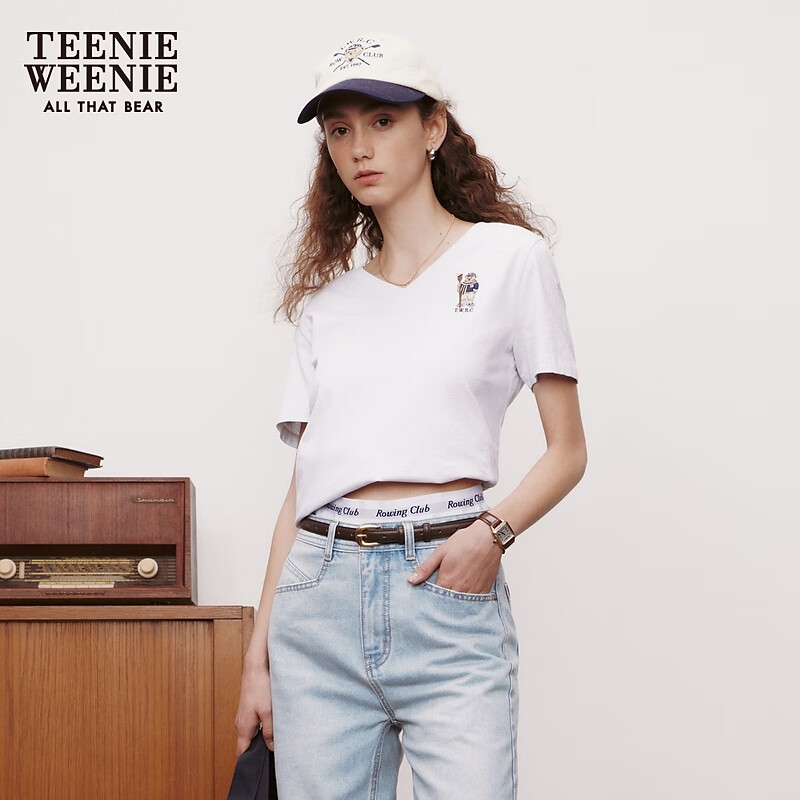 Teenie Weenie小熊T恤女短袖T恤夏季基础款舒适简约V领T恤上衣 灰色 S (160)