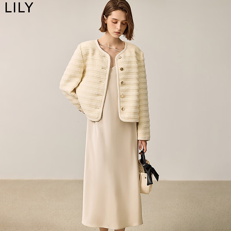 LILY冬新款女装优雅小香风条纹肌理感正肩圆领百搭通勤外套女 612奶白 M