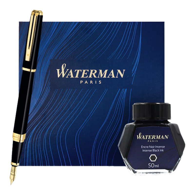 威迪文（WATERMAN）高端鋼筆 簽字筆 生日禮物 智尊精裝麗雅黑金夾墨水筆+墨水禮盒