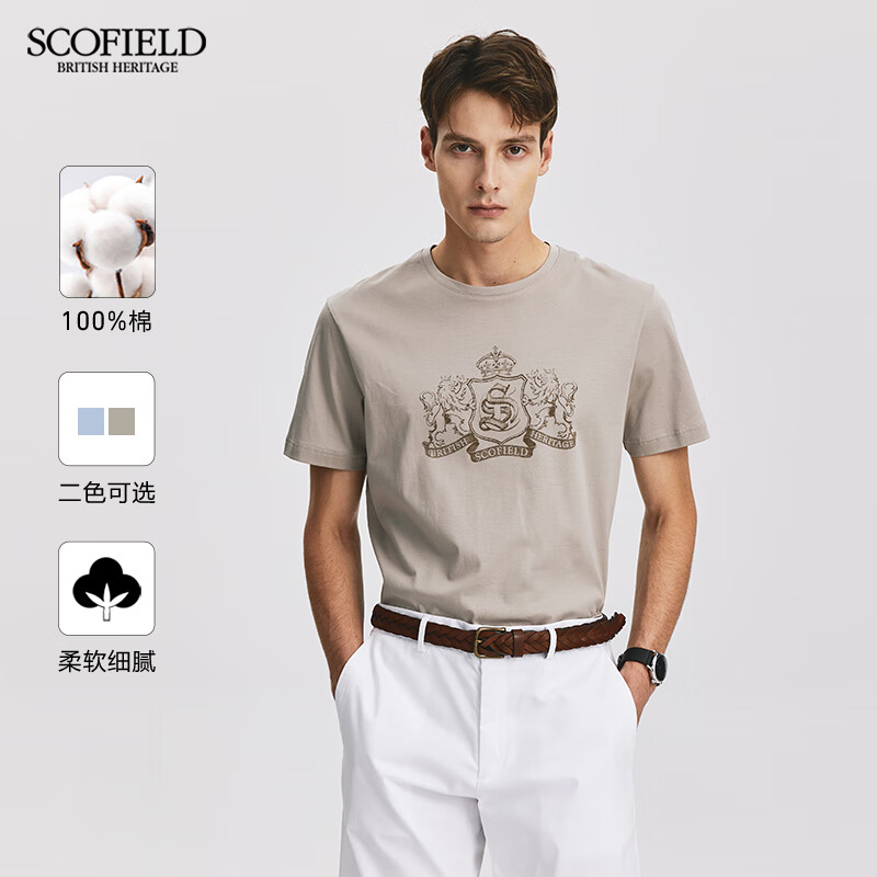 Scofield男士24年夏季新款长绒棉印花圆领舒适短袖全棉休闲T恤 浅灰色 M (170)