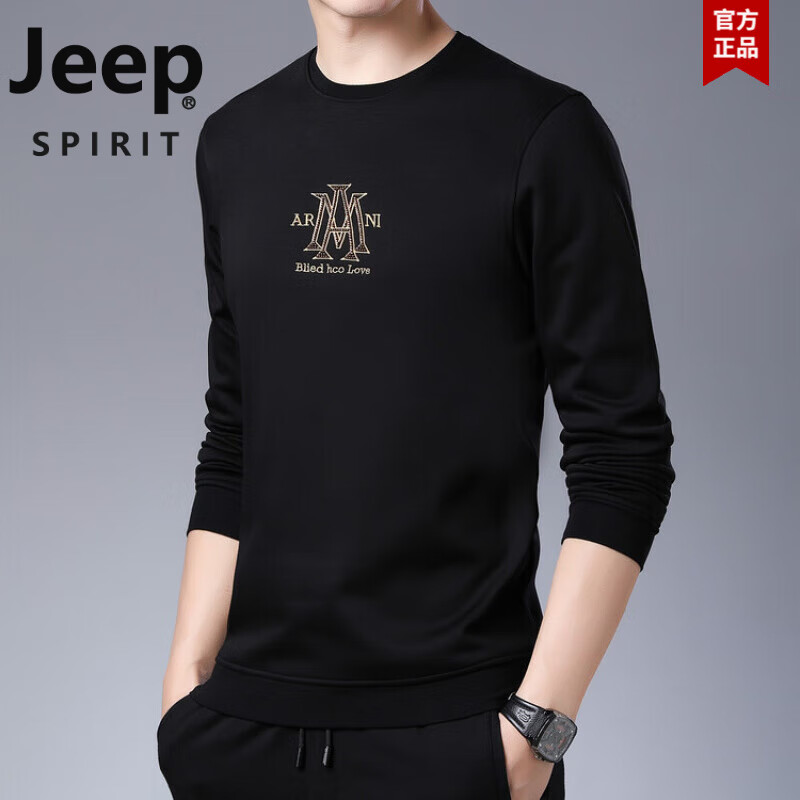 JEEP品牌男士卫衣春秋季新款潮流印花圆领宽松套头长袖t恤休闲打底衫 黑色 M 165