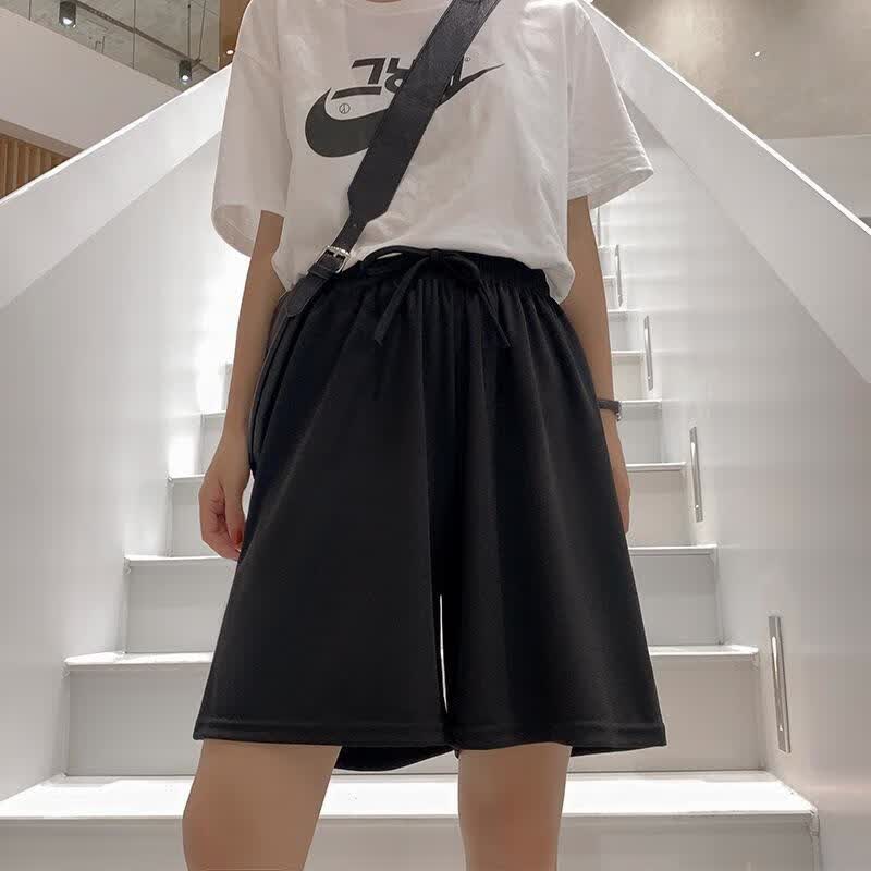 冰丝五分短裤女春夏2024外穿运动休闲松紧高腰百搭居家阔腿裤 5508【黑色】1条 M【80-100】