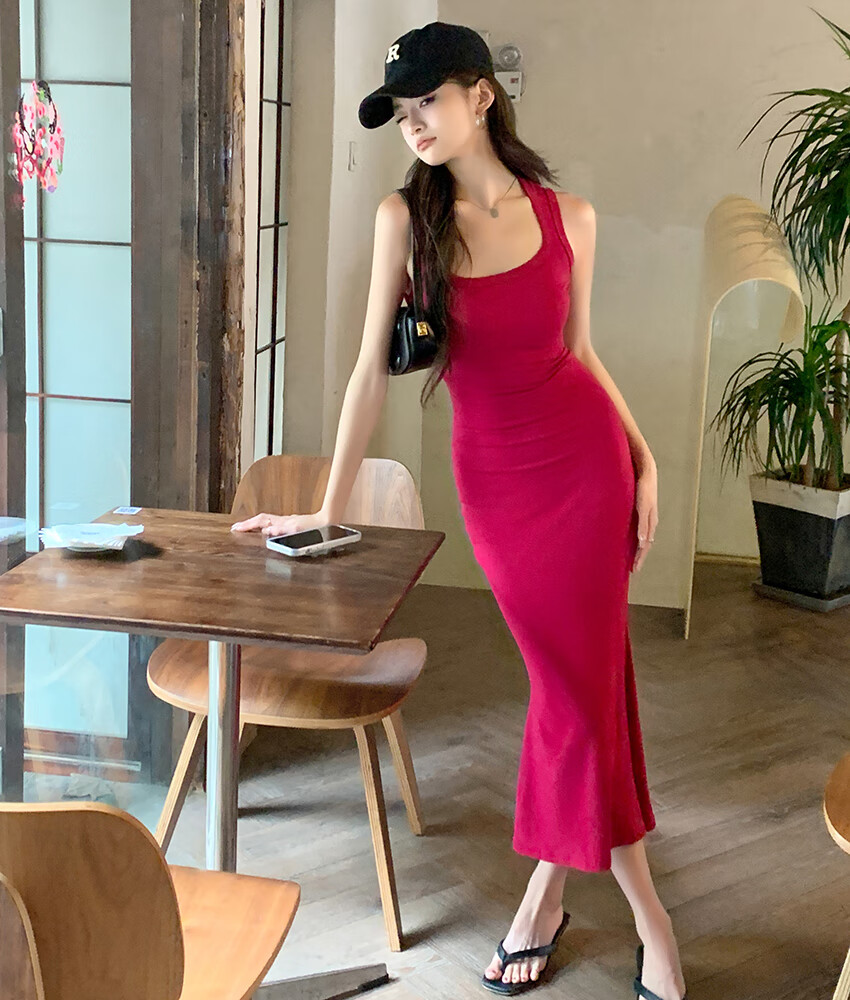 背心连衣裙女夏季修身显瘦小个子鱼尾长裙性感辣妹包臀裙子 玫红色 s