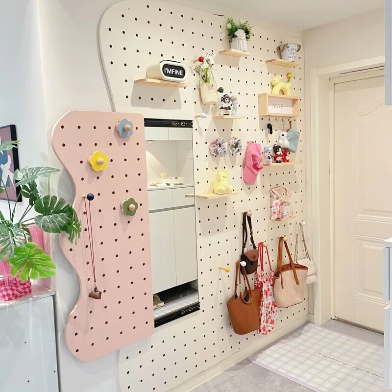 海诗圣堡实木洞洞板定制穿衣镜一体隐形推拉镜入户玄关收纳壁挂式全身镜 波浪造型C（价格已实际尺寸为准）