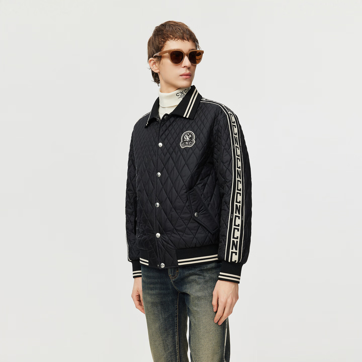 C'N'C【奢侈品衣服】CNC25新款刺绣logo翻领菱格短款棉服夹克外套男 黑色 54 /XL/(185/100A)
