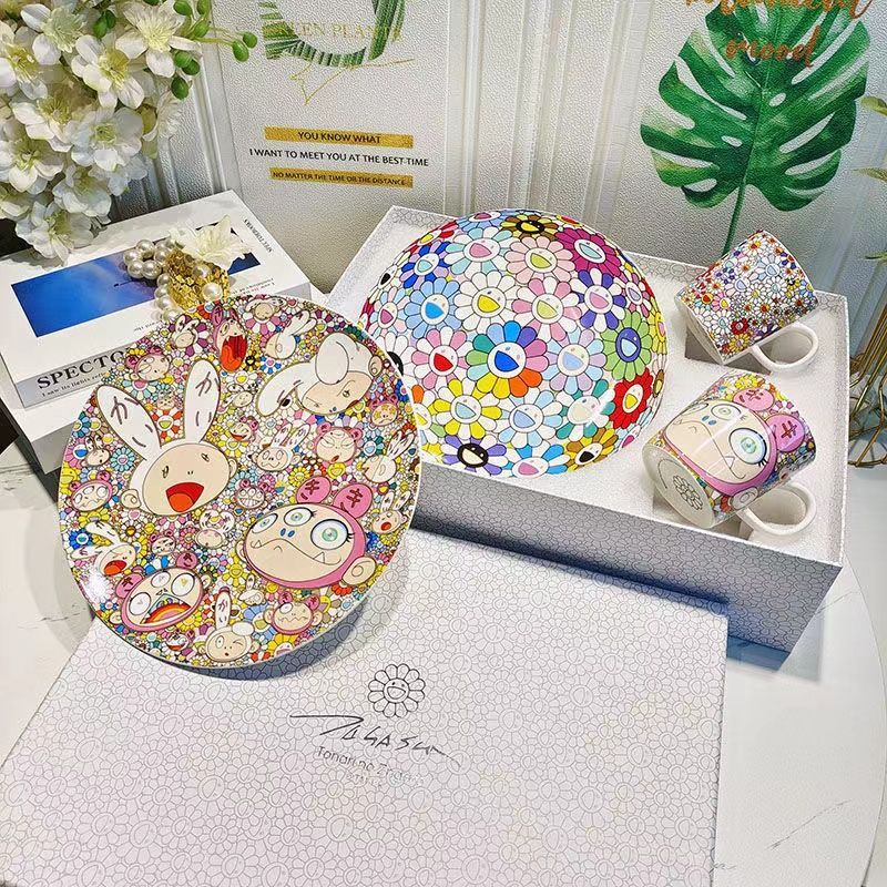 金锦阳村上隆太阳花马克杯潮牌太阳花笑脸餐具卡通马克杯碟子彩虹礼