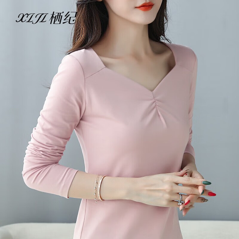 栖纪胭脂粉色v领打底衫女长袖低领修身内搭显瘦t恤百搭上衣 胭脂粉 s
