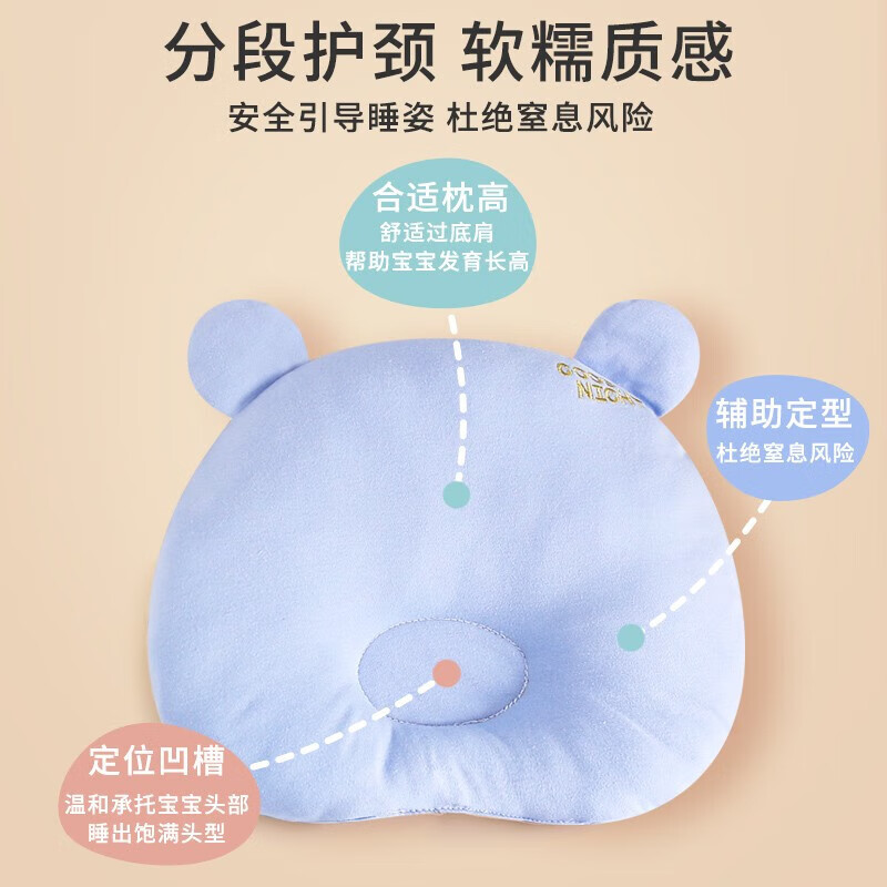 班杰威尔(Banjvall)新生婴儿枕头云片枕定型枕0到6个月平躺枕四季吸汗透气宝宝防吐奶 熊熊枕头蓝色 均码(0-1岁)