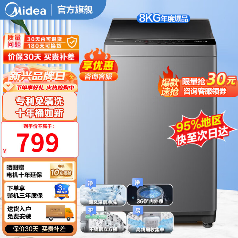 美的（Midea）波轮洗衣机全自动 10公斤/8公斤大容量家用 除螨洗甩干脱水宿舍租房 9小时可预约洗 以旧换新 【8公斤小容量|随心洗系列】MB80V33B