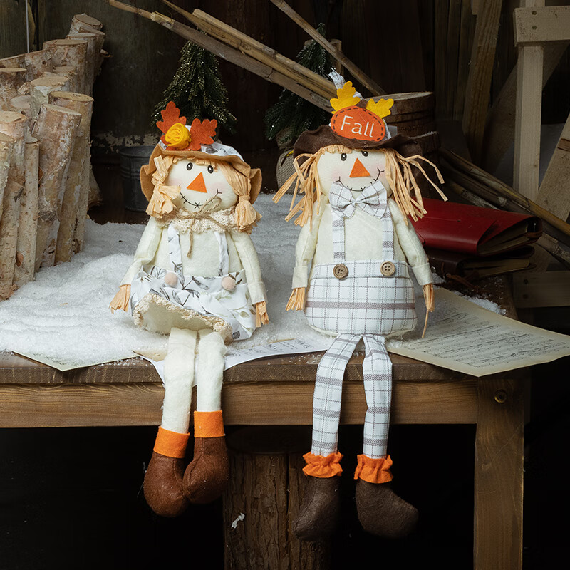 欧美稻草人玩偶摆件秋季丰收公仔民宿家居田园风装饰节日摆件 白色