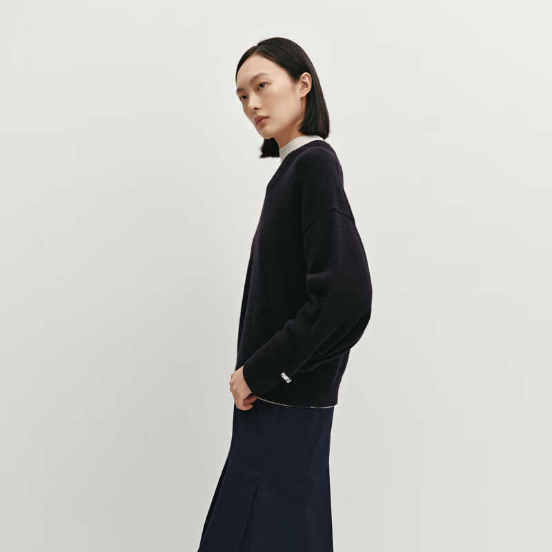 OVV秋冬热卖女装V领袖口活动金属扣羊毛长袖针织衫 藏青 S