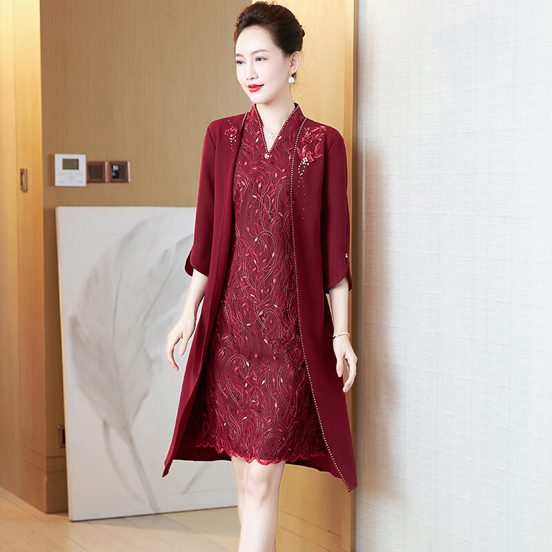 韓曼蕊秋裝婚慶喜服假兩件遮肚媽媽裝洋氣時(shí)尚嫁女兒結(jié)婚禮服裙平時(shí)可穿 酒紅色 XL