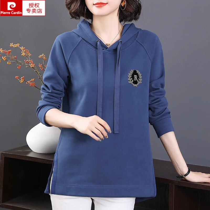 皮尔卡丹(pierre cardin)卫衣女装2025春秋新款洋气妈m连帽长袖t恤打底衫大号百搭上衣服 花灰色 M(建议85-105斤)