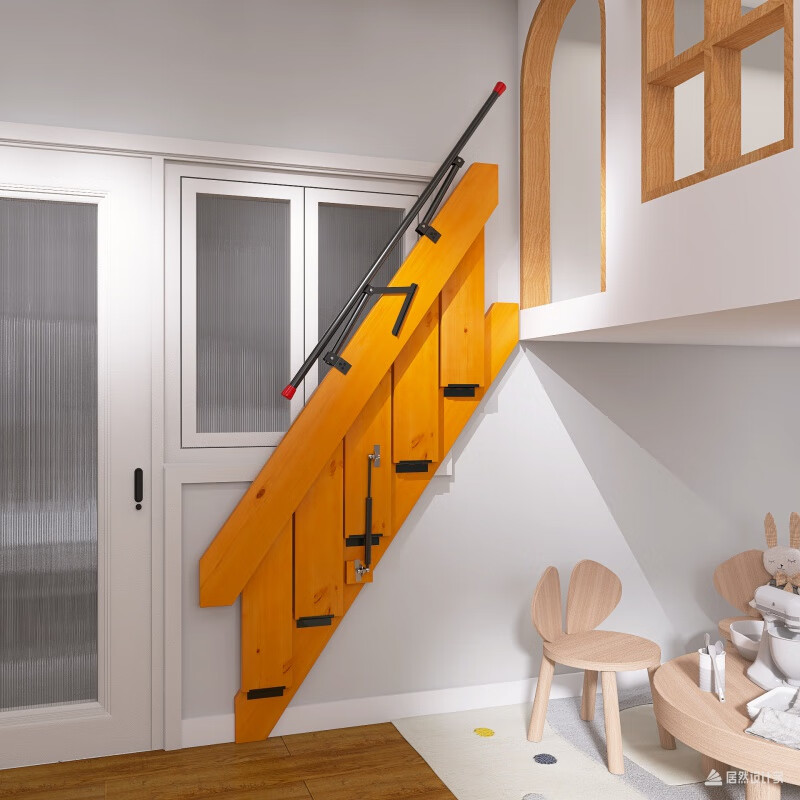 萌依儿室内家用贴墙折叠楼梯整体阁楼实木隐形贴墙收缩壁挂式伸缩梯