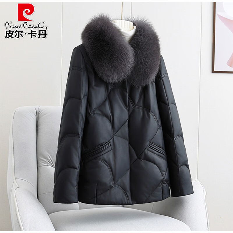 皮爾卡丹（pierre cardin）真皮羽絨服女短款2025冬新款加厚狐貍毛領皮草綿羊皮媽海寧皮衣 黑色 L 建議90-110斤