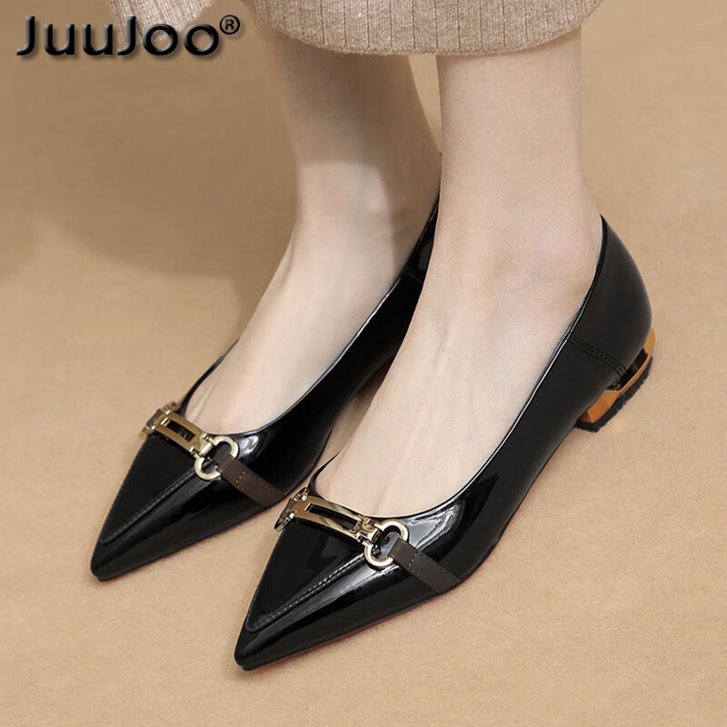 juujoo品牌低跟粗跟尖头单鞋女2024夏季新款漆皮瓢鞋时尚女鞋职业女