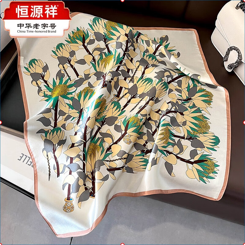 恒源祥桑蚕丝中国风花卉发带丝巾小方巾女春秋真丝围巾装饰领巾头巾