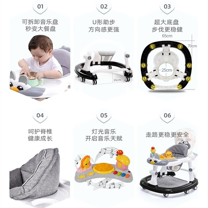1号起点(yi hao qi dian)婴儿学步车多功能防侧翻防O型腿儿童多功能宝宝学走路可推助步车 豪华款-经典黑-长推把音乐盒脚垫