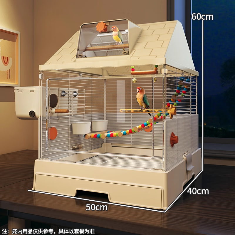 王多喵鸟笼子豪华别墅家养鹦鹉专用新型防溅玄凤虎皮牡丹小太阳家用大号 防溅单层【50*40*60】别墅款 基础款：裸笼+站杆+外接小窗+挡板+水碗+食碗+天窗站杆