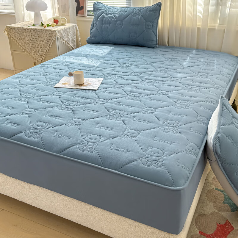 雅鹿加厚夹棉床笠防尘绗缝床罩三件套隔脏床盖床垫保护套床上用品 小熊夹棉床笠-宾利蓝【蓬松柔软 四季通用】 150*200cm单床笠