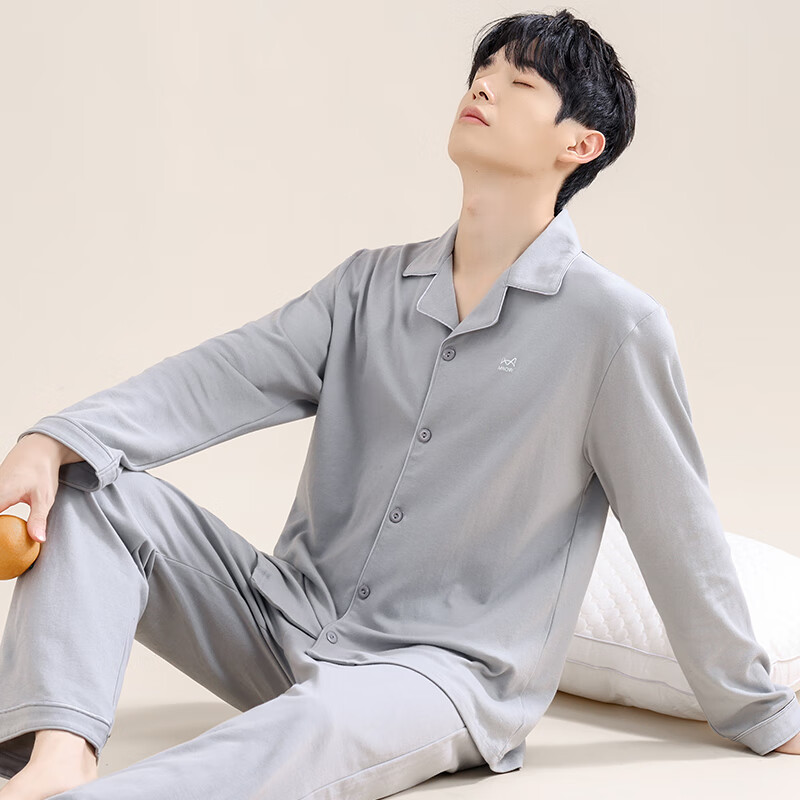 猫人纯棉家居服纽扣款 160g 云感睡衣 可外穿保暖家居服套装 深蓝 XL
