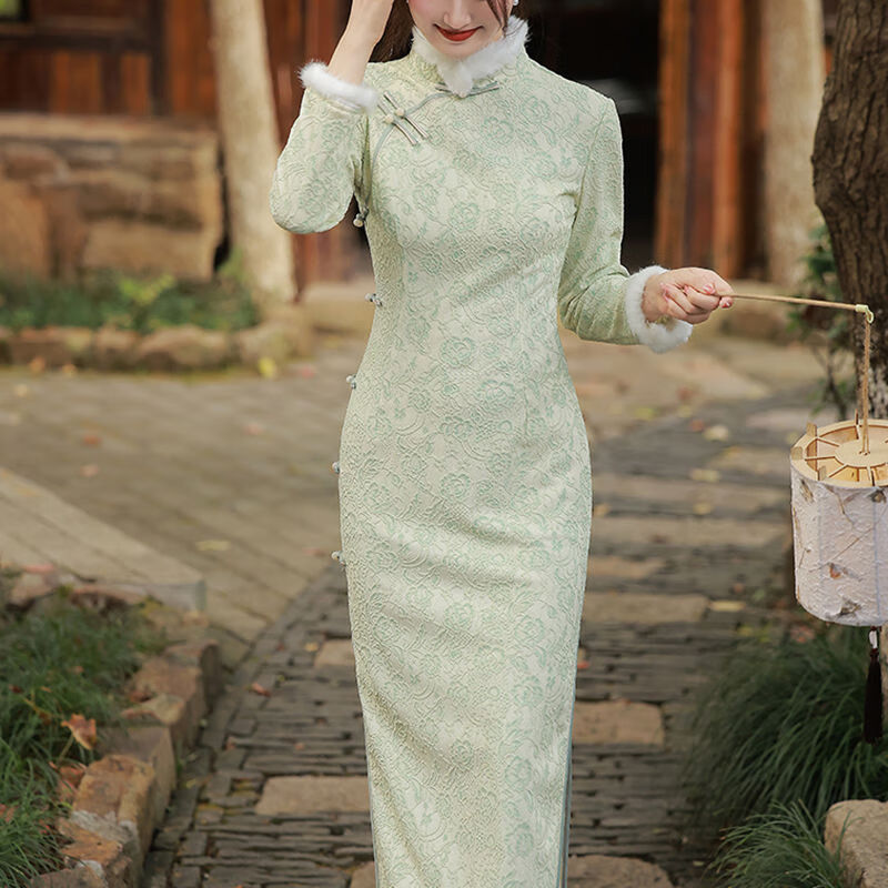 珍妮羊改良秋冬加绒加厚长旗袍冬季新款中国风复古长袖显瘦连衣裙 435