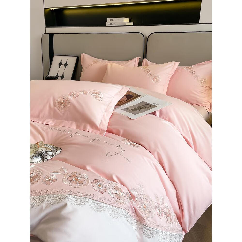 120支纯棉床上四件套绣花被套100全棉床单款亲肤四季床品 玛奇朵粉 1