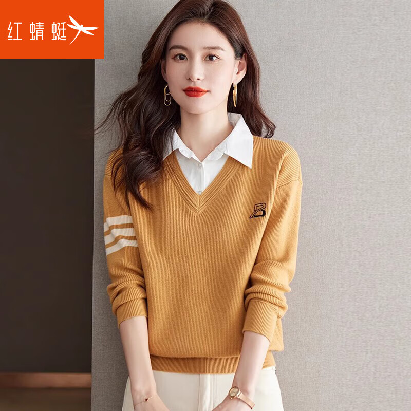 红蜻蜓针织衫女衬衫领2025年秋季新款女装假两件打底衫长袖t恤女士上衣 黄色 均码 【适合80-145斤】