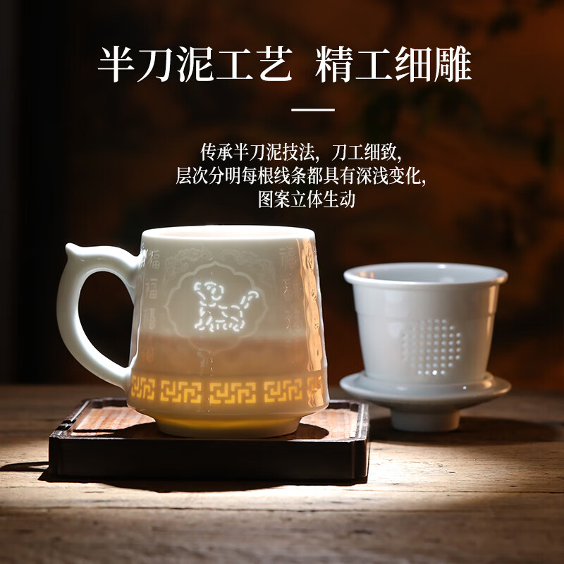 御嘉斋景德镇陶瓷手工雕刻中式新款生肖茶杯玲珑办公泡茶杯水杯送礼礼物 新款生肖玲珑办公杯-猪叩福门