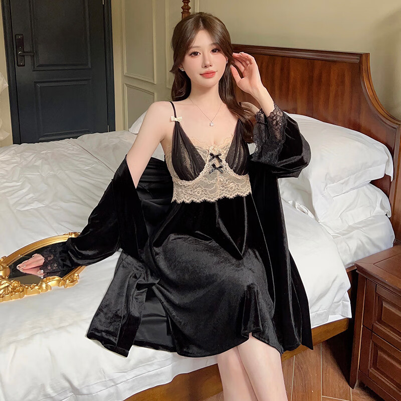 静夜色秋冬金丝绒睡衣裙女纯欲高级感睡衣温柔睡裙套装低胸吊带睡袍长