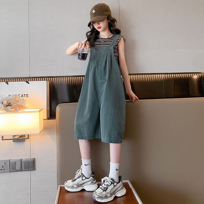 duckkids小黄鸭女童夏季套装2024新款条纹背心薄款牛仔背带短裤中大童