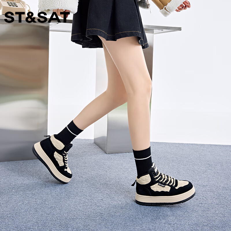 星期六（St&Sat）百搭拼色系带休闲鞋2025新款加绒爆款板鞋女高帮鞋 黑色 35