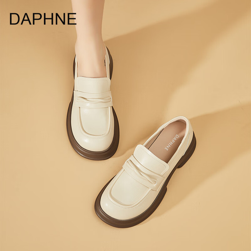 达芙妮真皮乐福鞋女2026春季新款复古厚底单鞋英伦风松糕时尚增高小皮鞋 米白 38
