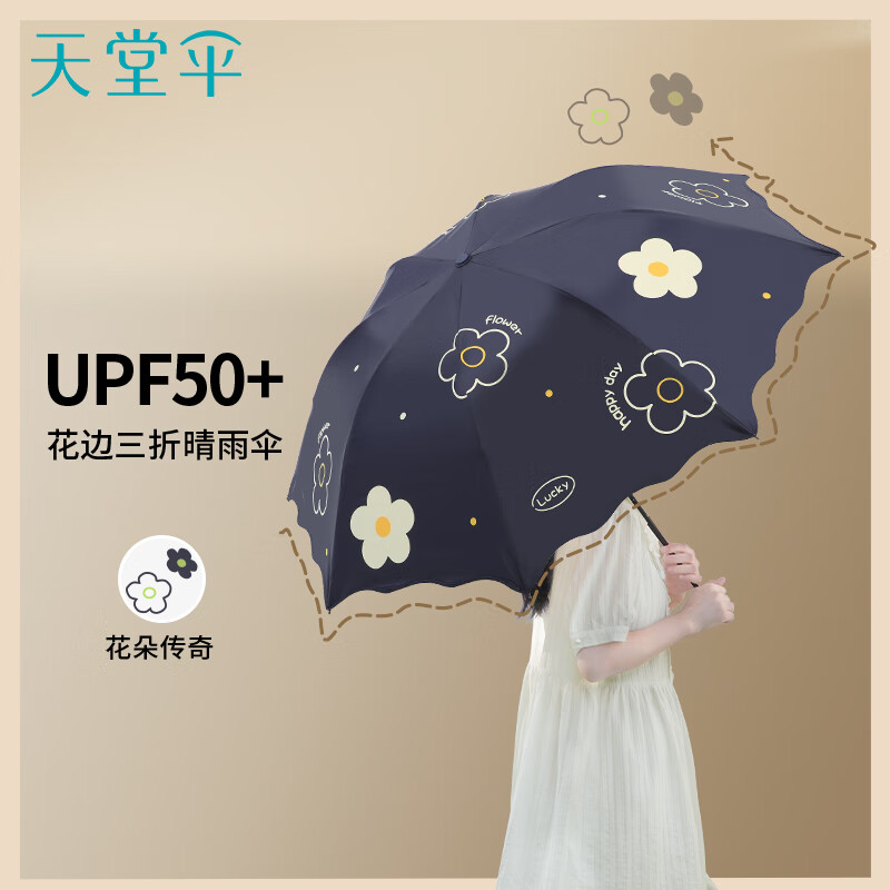 天堂伞伞黑胶防晒防紫外线遮阳伞大花三折便携折叠晴雨两用伞女 夜空蓝