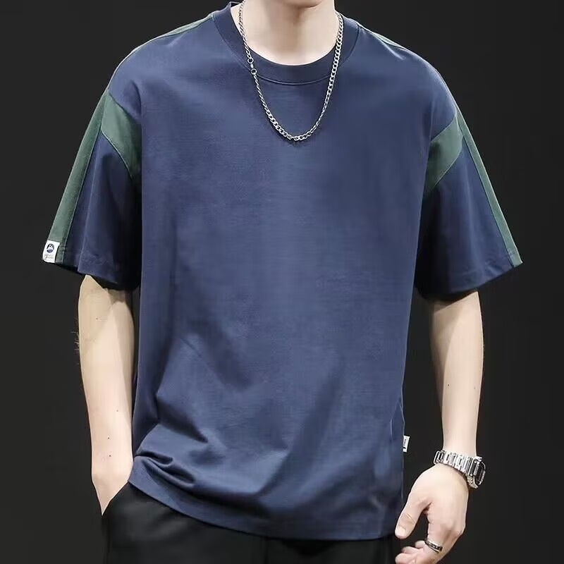 企迈宽松短袖t恤男撞色短袖t恤男宽松潮牌大码男装夏季新款男士重磅圆