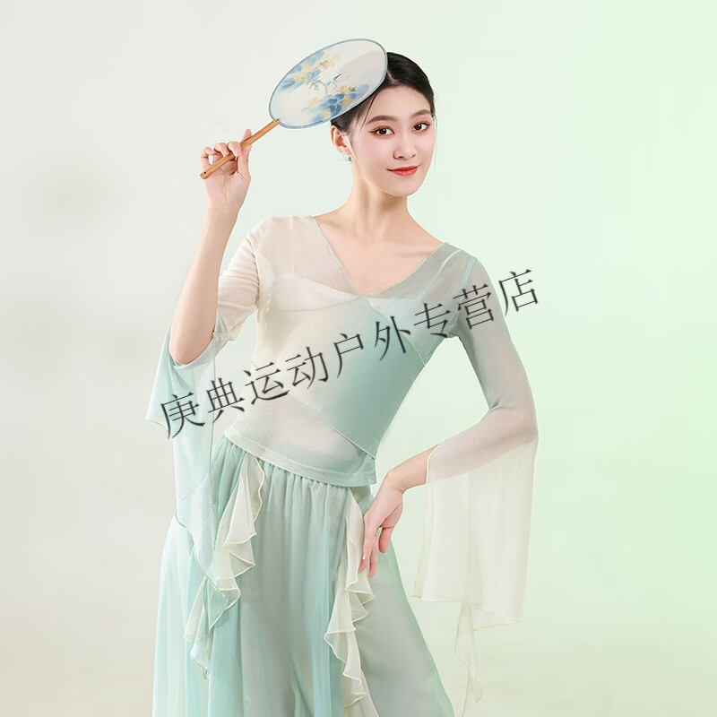 炫逐古典舞飘逸仙气舞蹈服女纱衣裙裤中国舞渐变网纱艺考中国风表演服 烟青渐变(单纱衣吊带) S 成人尺码