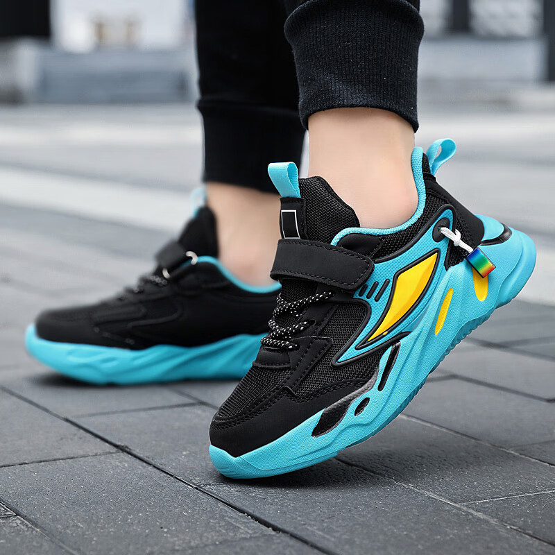 贝天熊童鞋春秋儿童运动鞋男女童轻便耐磨革面低帮鞋魔术贴网面运动鞋 YD1876黑月【双网】 28码 内长17.8/脚16.8