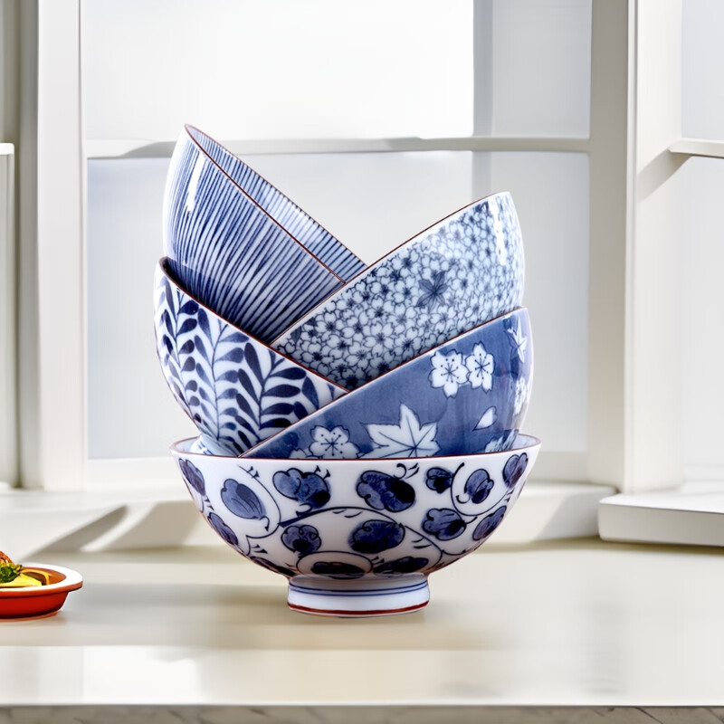 美浓烧（Mino Yaki） 【日本原装进口】美浓烧餐具陶瓷碗日式家用米饭碗餐具套装 4.5英寸蓝绘饭碗5件套