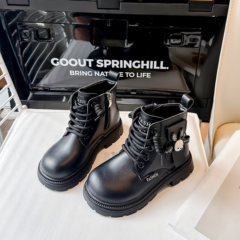 花青龄儿童加绒保暖短靴秋冬女童可爱水钻兔子马丁靴中大童靴子 黑色