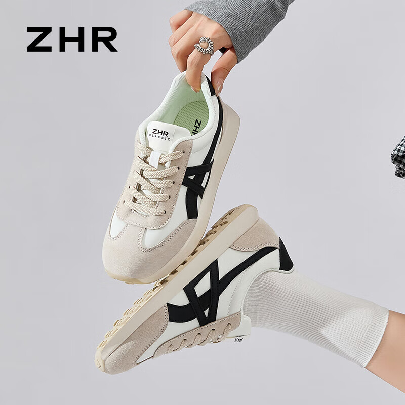 ZHR德训鞋女鞋厚底新款早秋轻便舒适复古休闲鞋拼色百搭小蛮腰运动鞋 米灰 39
