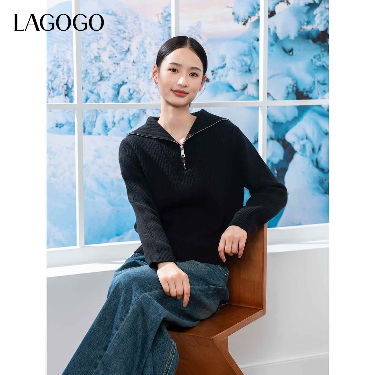 LAGOGO显瘦简约气质毛针织衫女拉谷谷软糯舒适套头百搭舒适毛衣 黑色 S 155/36