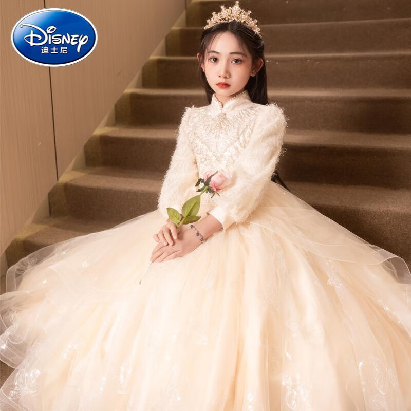 迪士尼(Disney)女童礼服主持人秋冬花童小女孩高端轻奢儿童生日公主裙钢琴出演服 1518长款香槟不加绒 关注送水晶皇冠 160 cm