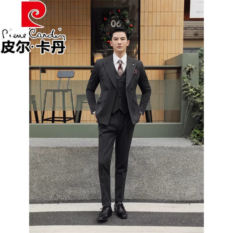 皮尔卡丹（pierre cardin）秋冬双排扣西服套装男外套英伦风绅士商务休闲西装男新郎结婚礼服 【薄款】黑色(西服+马甲+西裤)+ 46/S