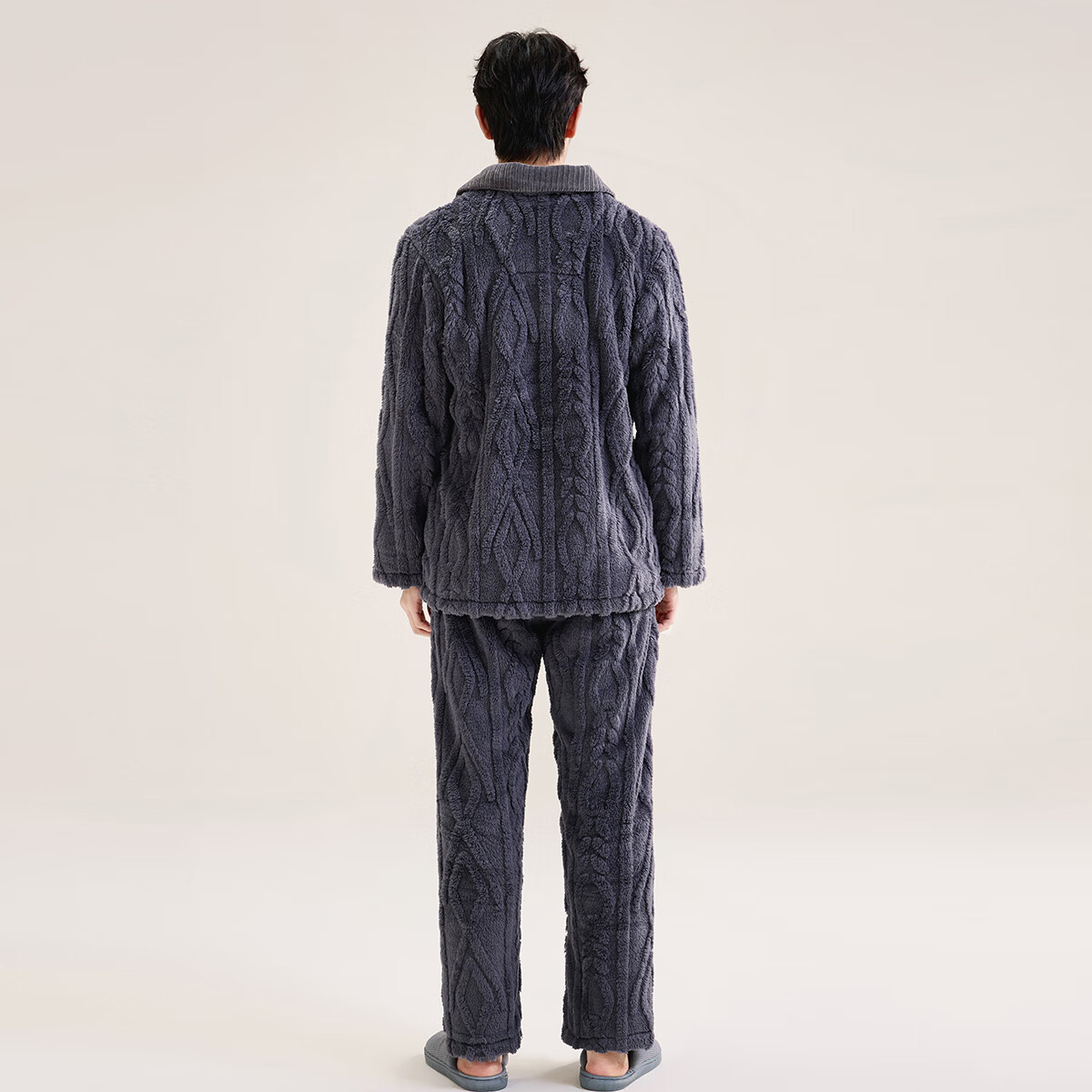 玛伦萨（manza）保暖睡衣男士冬季新款翻领纹理感加绒加厚珊瑚绒家居服套装 高贵灰 L