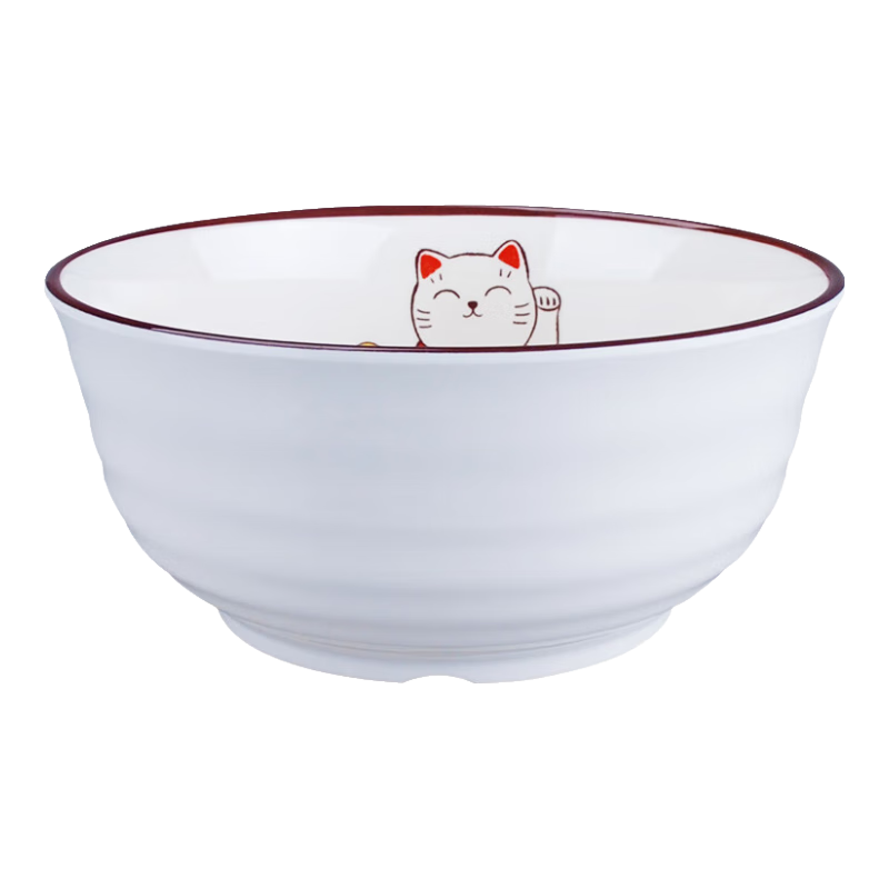 五和（WUHE）招財(cái)貓密胺餐具飯碗日式托盤(pán)湯勺飯勺家用碗碟盤(pán)子組合面碗 W6508A白色螺紋碗（大）