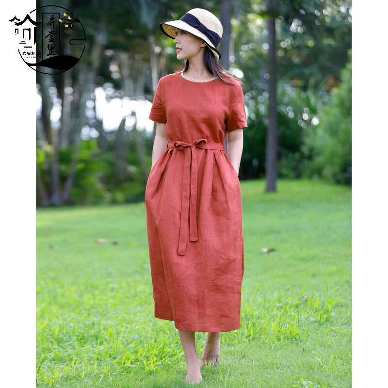 亚麻色织纯色圆领中长款百搭文艺复古棉麻高档裙子 色织亚麻红棕色 s