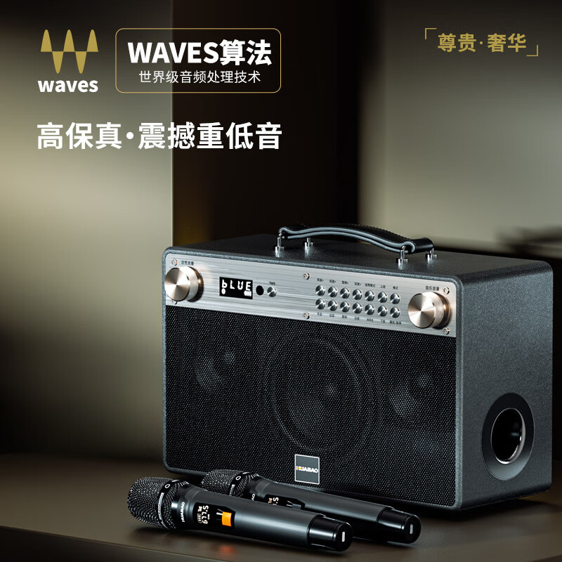 华宝网红手提便携式重低音大功率吉他乐器广场舞蓝牙音箱户外家用k歌声卡直播无线话筒麦克风HIFI音响 T9旗舰版双话筒