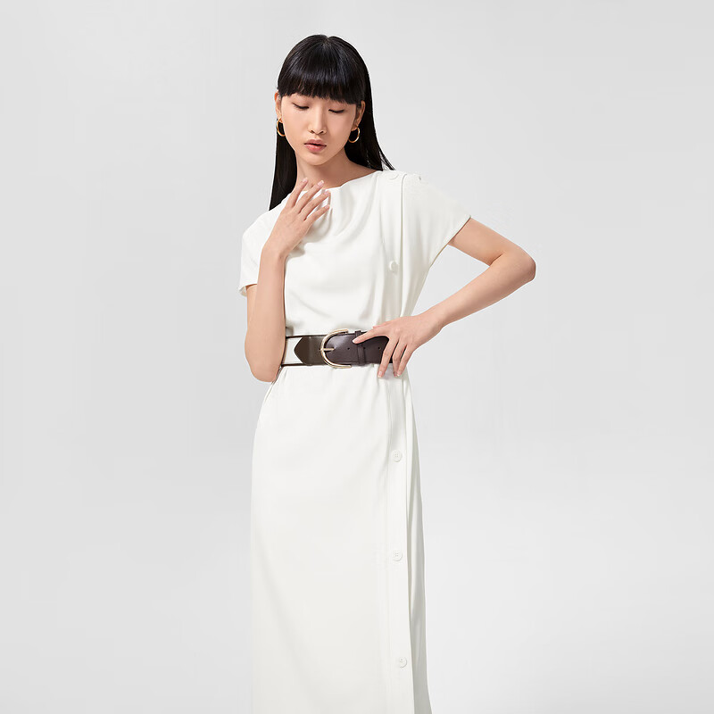 OVV【爱情而已同款】OVV2022春夏新款女装缎面堆堆领短袖连衣裙 米白15 L